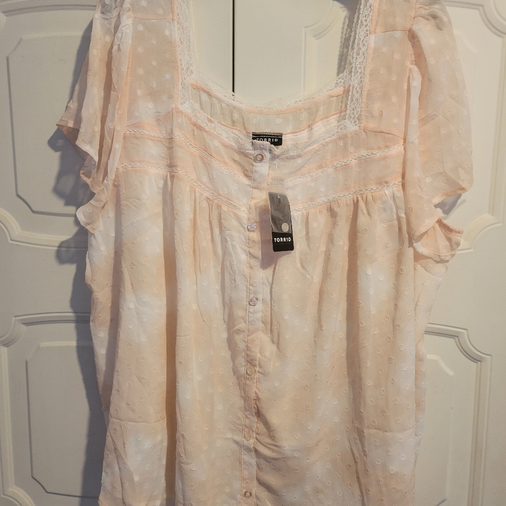 Torrid pink cloud chiffon clip dot button front blouse